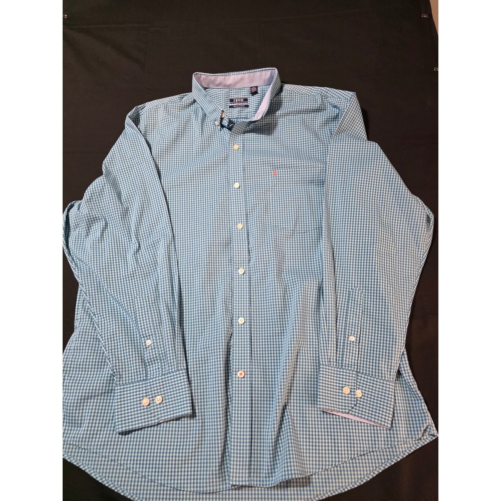 Izod Mens XL Blue Gingham Non-Iron Stretch Long Sleeve Button Down Shirt